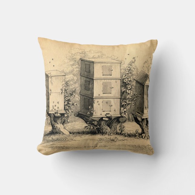 Antique Chic Beekeeping Beehive print Throw Pillow (Front)