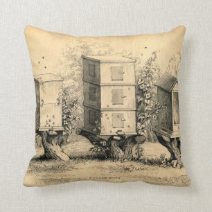 Antique Chic Beekeeping Beehive print Throw Pillow