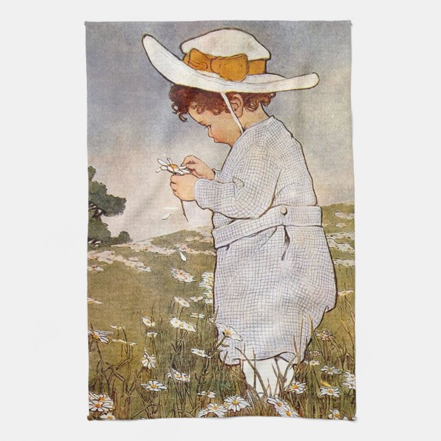 Antique Child Picking Daisies Bessie Pease Gutmann Kitchen Towel (Vertical)