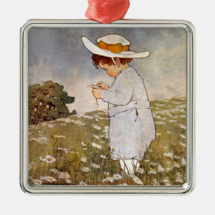 Antique Child Picking Daisies Bessie Pease Gutmann Metal Ornament