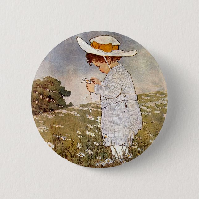 Antique Child Picking Daisies Flowers 2 Inch Round Button (Front)