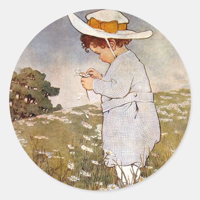 Antique Child Picking Daisies Flowers Classic Round Sticker (Front)