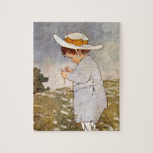 Antique Child Picking Daisies Flowers Jigsaw Puzzle