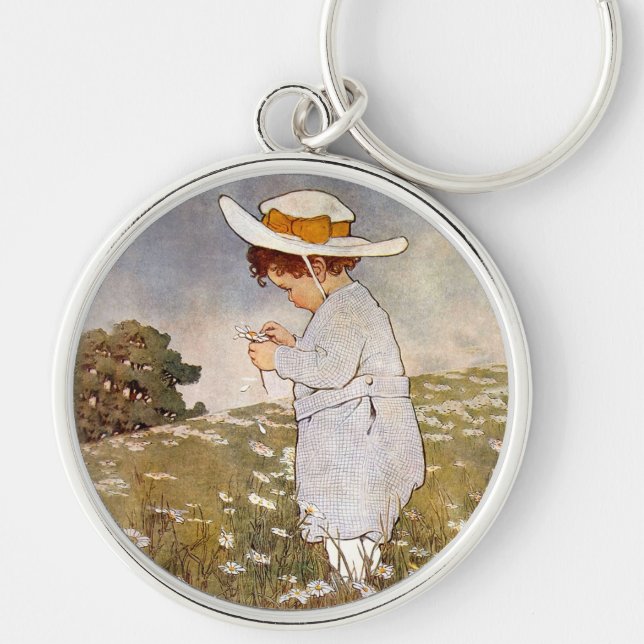 Antique Child Picking Daisies Flowers Keychain (Front)