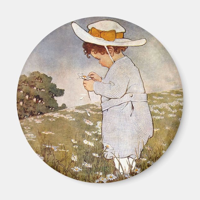 Antique Child Picking Daisies Flowers Magnet (Front)
