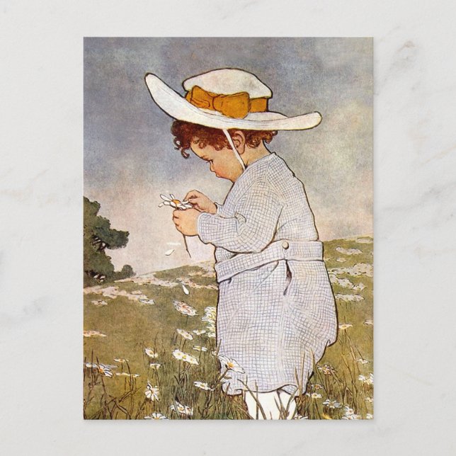 Antique Child Picking Daisies Flowers Postcard (Front)