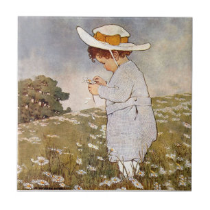 Antique Child Picking Daisies Flowers Tile