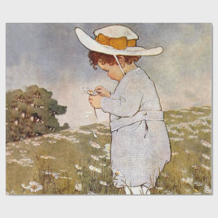 Antique Child Picking Daisies Flowers Wrapping Paper