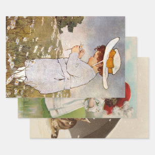 Antique Child Picking Daisies Flowers Wrapping Paper Sheet