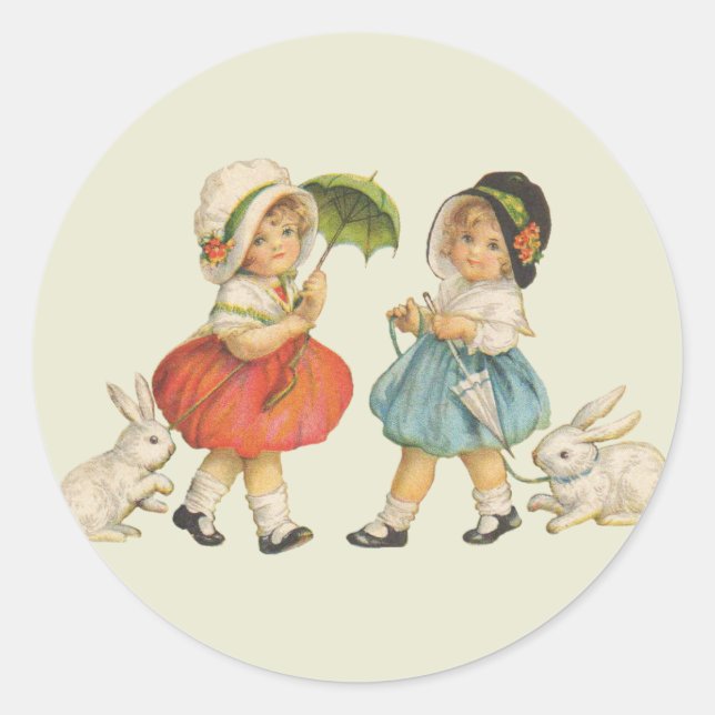 Antique Children Rabbit Easter Art Classic Round Sticker (Front)
