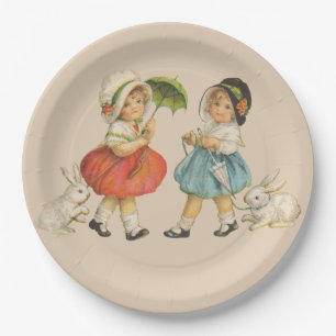 Antique Children Rabbit Easter Art Paper Plate