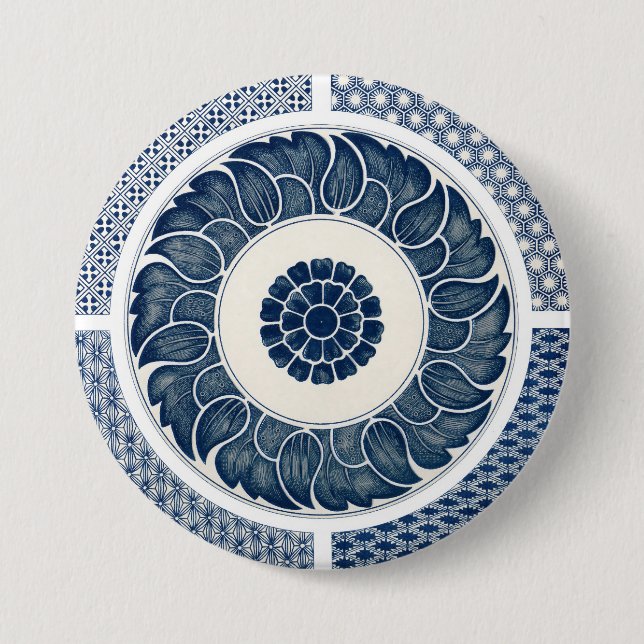 Antique Chinese Blue White Porcelain Pattern 3 Inch Round Button (Front)