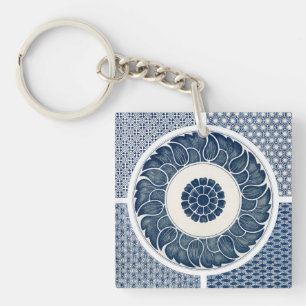 Antique Chinese Blue White Porcelain Pattern Keychain