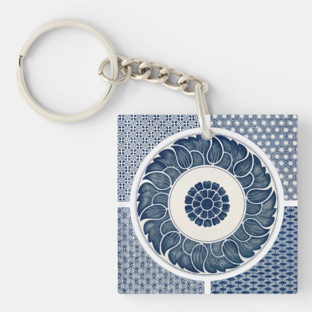 Antique Chinese Blue White Porcelain Pattern Keychain (Front)