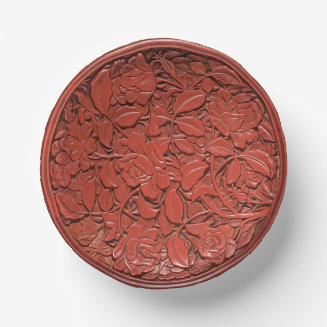 Antique Chinese Cinnabar Carved Floral Faux China Paper Plate (Front)