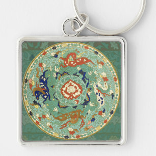 Antique Chinese Circle Blue Green Keychain