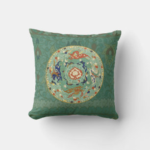 Antique Chinese Circle Blue Green Throw Pillow