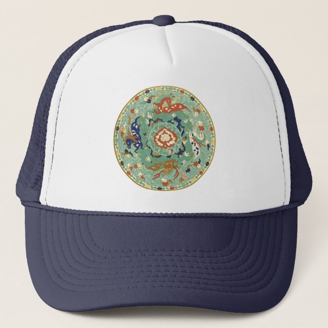 Antique Chinese Circle Blue Green Trucker Hat (Front)