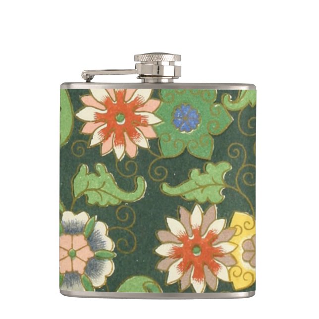 Antique Chinese Cloisonne Pattern: Jade Green Hip Flask (Front)