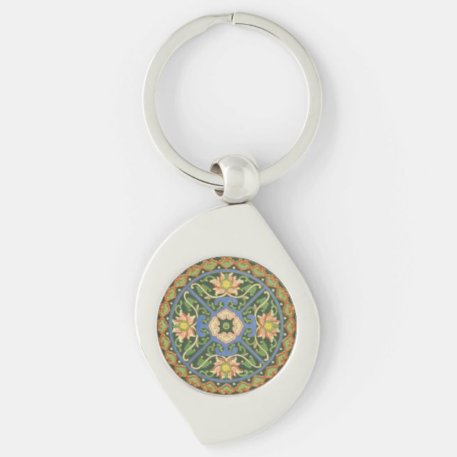 Antique Chinese Cloisonne Pattern: Jade Green Keychain (Front)