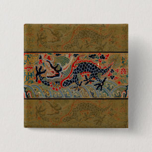 Antique Chinese Dragon Silk Embroidery Pattern 2 Inch Square Button