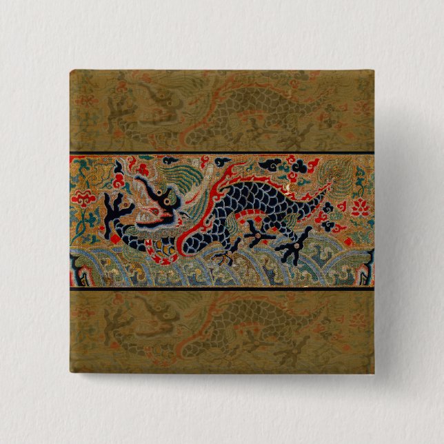 Antique Chinese Dragon Silk Embroidery Pattern 2 Inch Square Button (Front)