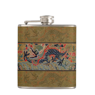 Antique Chinese Dragon Silk Embroidery Pattern Hip Flask