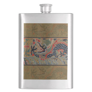 Antique Chinese Dragon Silk Embroidery Pattern Hip Flask
