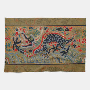 Antique Chinese Dragon Silk Embroidery Pattern Kitchen Towel