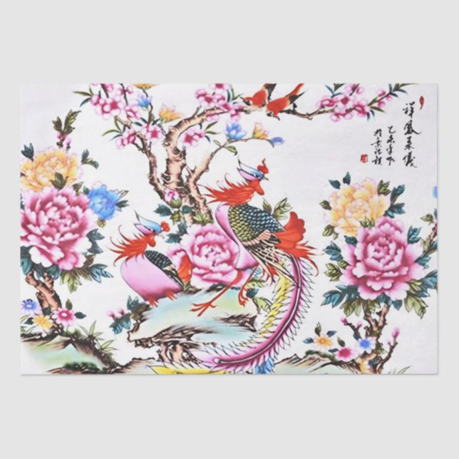 Antique Chinese Floral Birds Chinoiserie Decoupage Tissue Paper (Front)