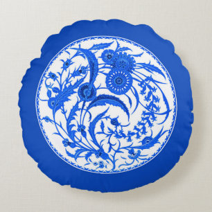 Antique Chinese Jacobean Floral - Cobalt Blue Round Pillow