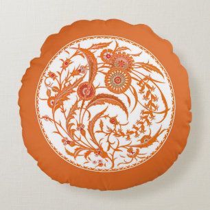 Antique Chinese Jacobean Floral - Mandarin Orange  Round Pillow