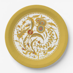 Antique Chinese Jacobean Floral - Mustard Gold Paper Plate