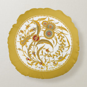 Antique Chinese Jacobean Floral - Mustard Gold Round Pillow