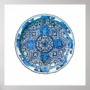 Antique Chinese Plate, Cobalt Blue and White Poster