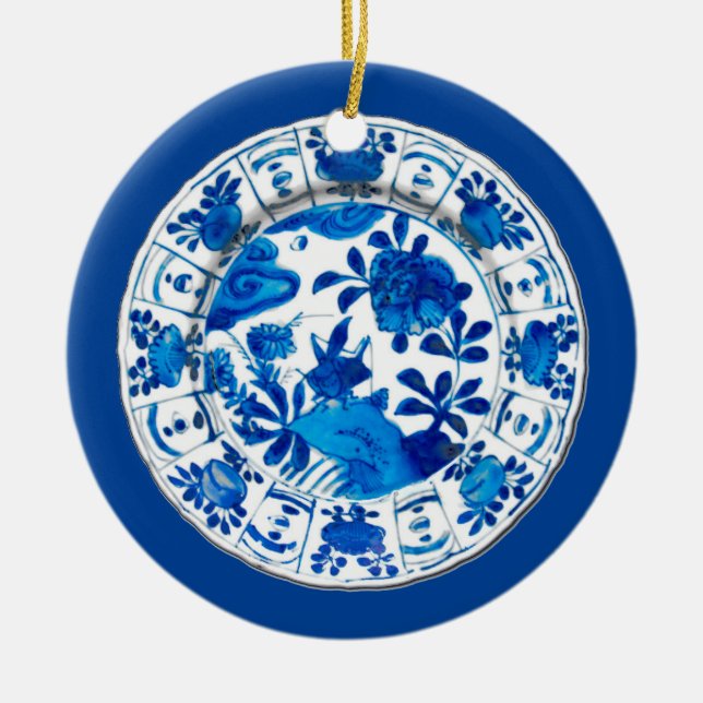 Antique Chinese Porcelain Plate, Blue Flower Vase Ceramic Ornament (Front)