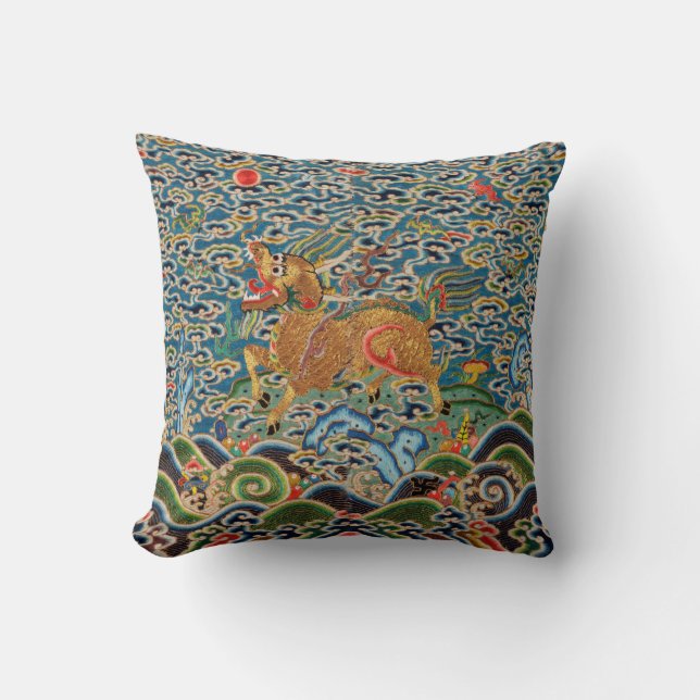 Antique Chinese print Quing Throw Pillow (Front)