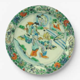 Antique Chinese Vintage Green Chinoiserie Floral Paper Plate