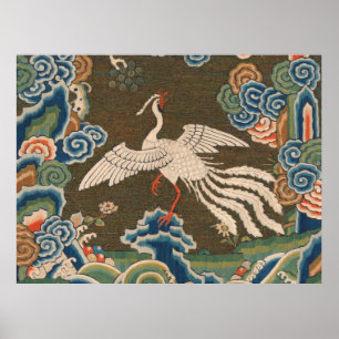 Antique Chinese White Bird Silk Embroidery Print