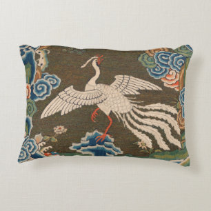 Antique Chinese White Bird Silk Embroidery Print Accent Pillow