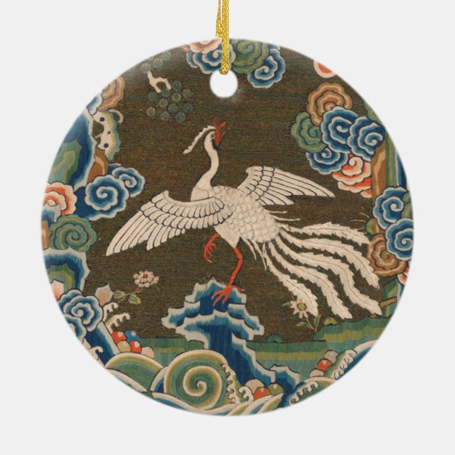 Antique Chinese White Bird Silk Embroidery Print Ceramic Ornament (Back)