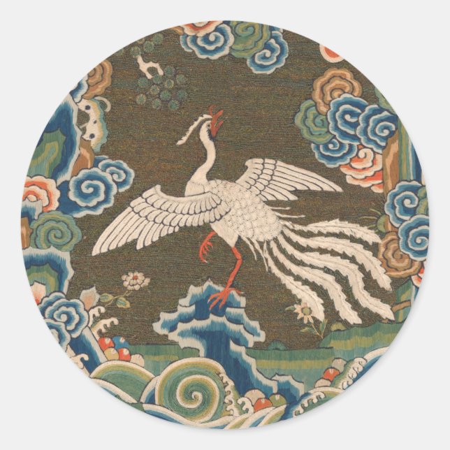 Antique Chinese White Bird Silk Embroidery Print Classic Round Sticker (Front)