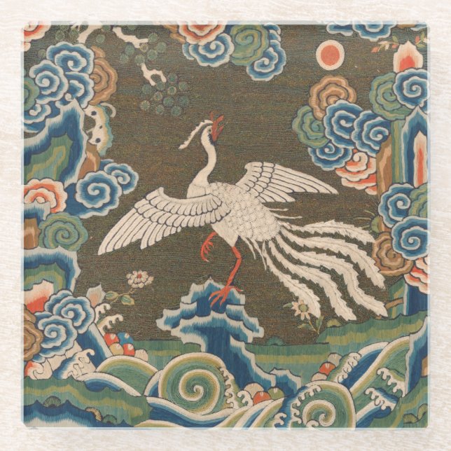 Antique Chinese White Bird Silk Embroidery Print Glass Coaster (Front)
