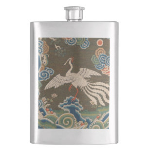 Antique Chinese White Bird Silk Embroidery Print Hip Flask