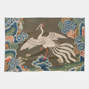 Antique Chinese White Bird Silk Embroidery Print Kitchen Towel