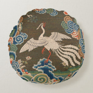 Antique Chinese White Bird Silk Embroidery Print Round Pillow