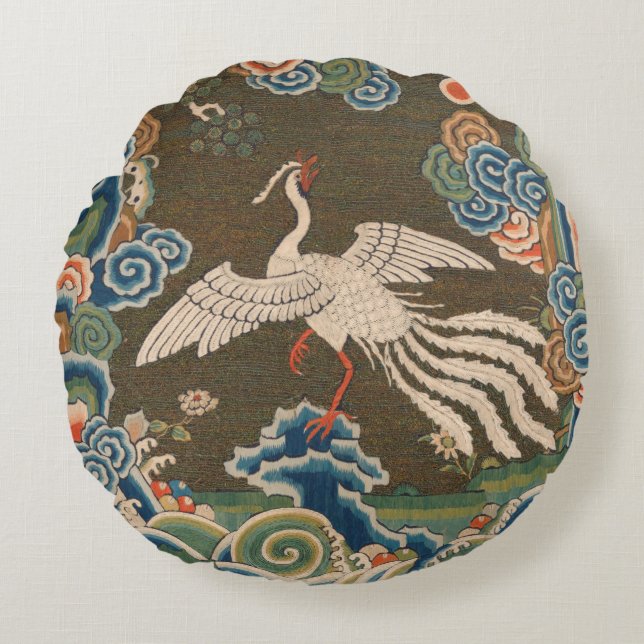 Antique Chinese White Bird Silk Embroidery Print Round Pillow (Front)