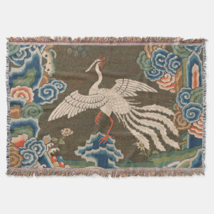 Antique Chinese White Bird Silk Embroidery Print Throw Blanket