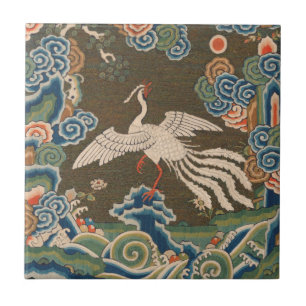 Antique Chinese White Bird Silk Embroidery Print Tile