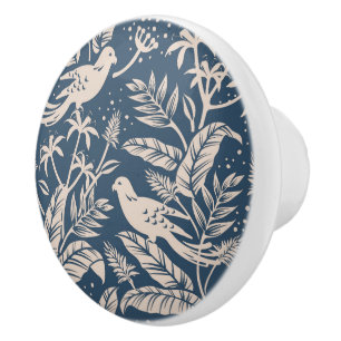 Antique Chinoiserie Bird Floral Blue & Ivory Ceramic Knob